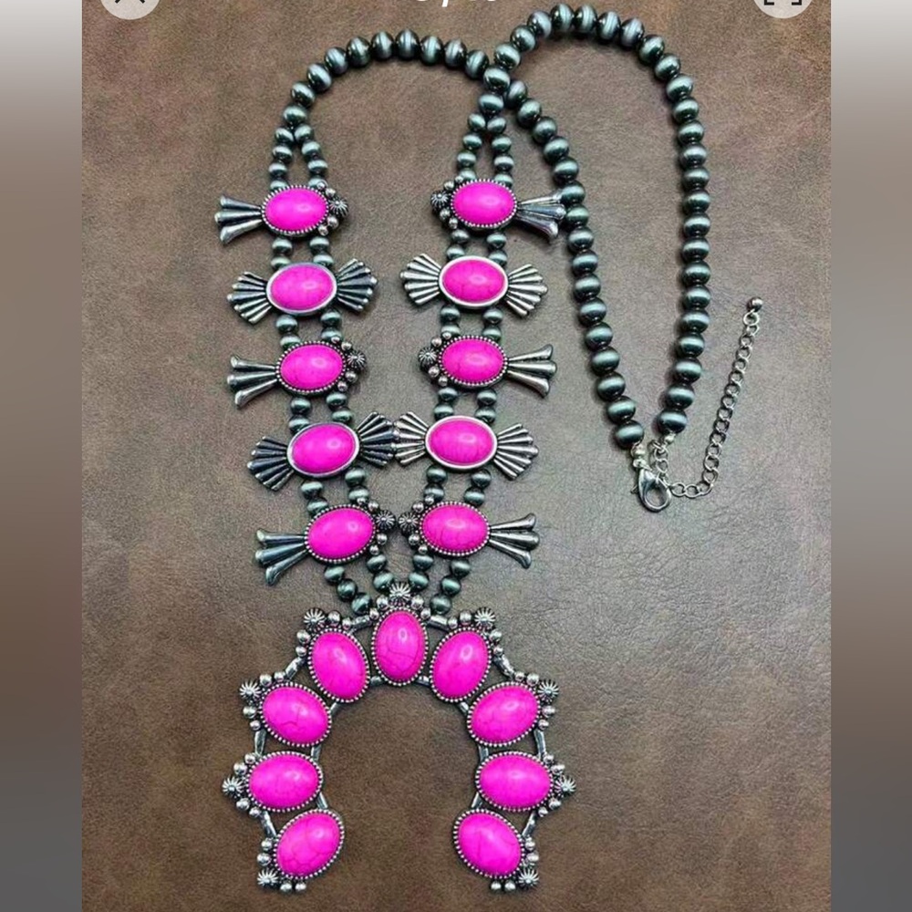 New Southwestern Boho Squash Blossom Naja Pink & Silver Statement Necklace - Picture 5 of 14